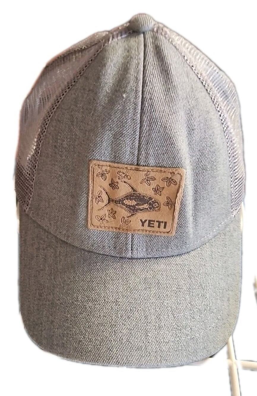Yeti Men's OS Gray Mesh Snap Back Baseball Hat Cap Fish Patch